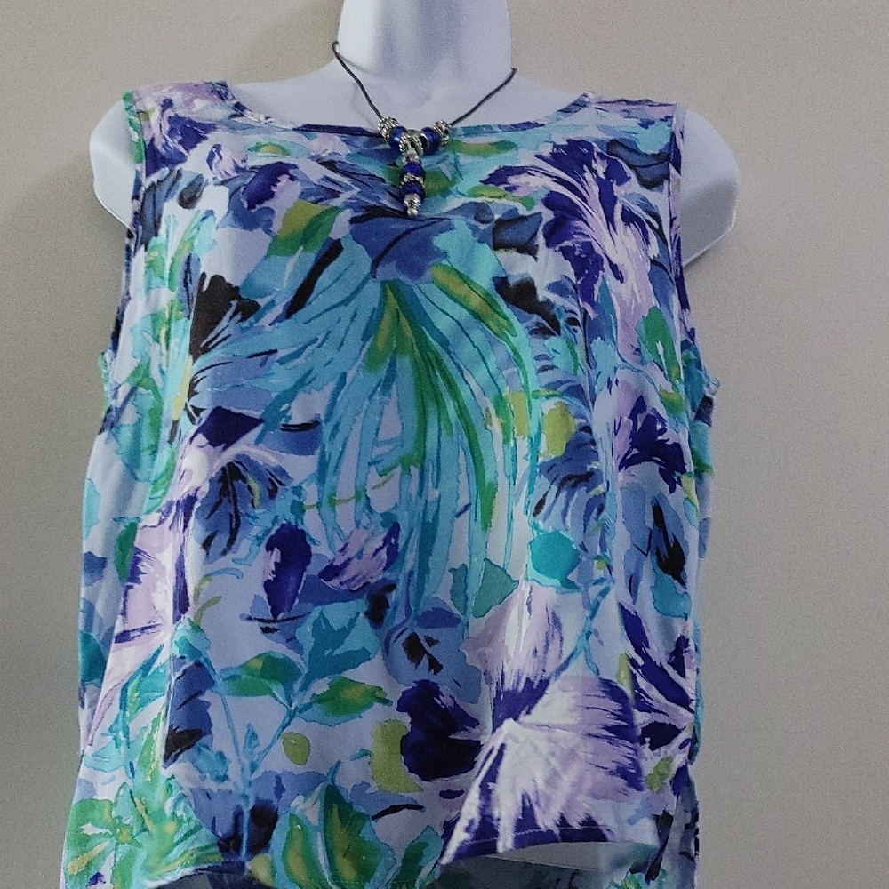 Blue and Green Sleeveless Blouse with Ruched Neckline